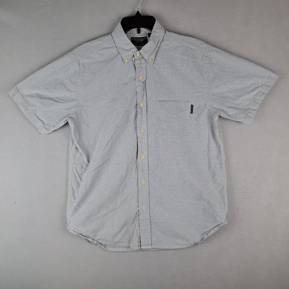 American Eagle Shirt Mens Medium White And Blue Button Up Short Sleeve Check
